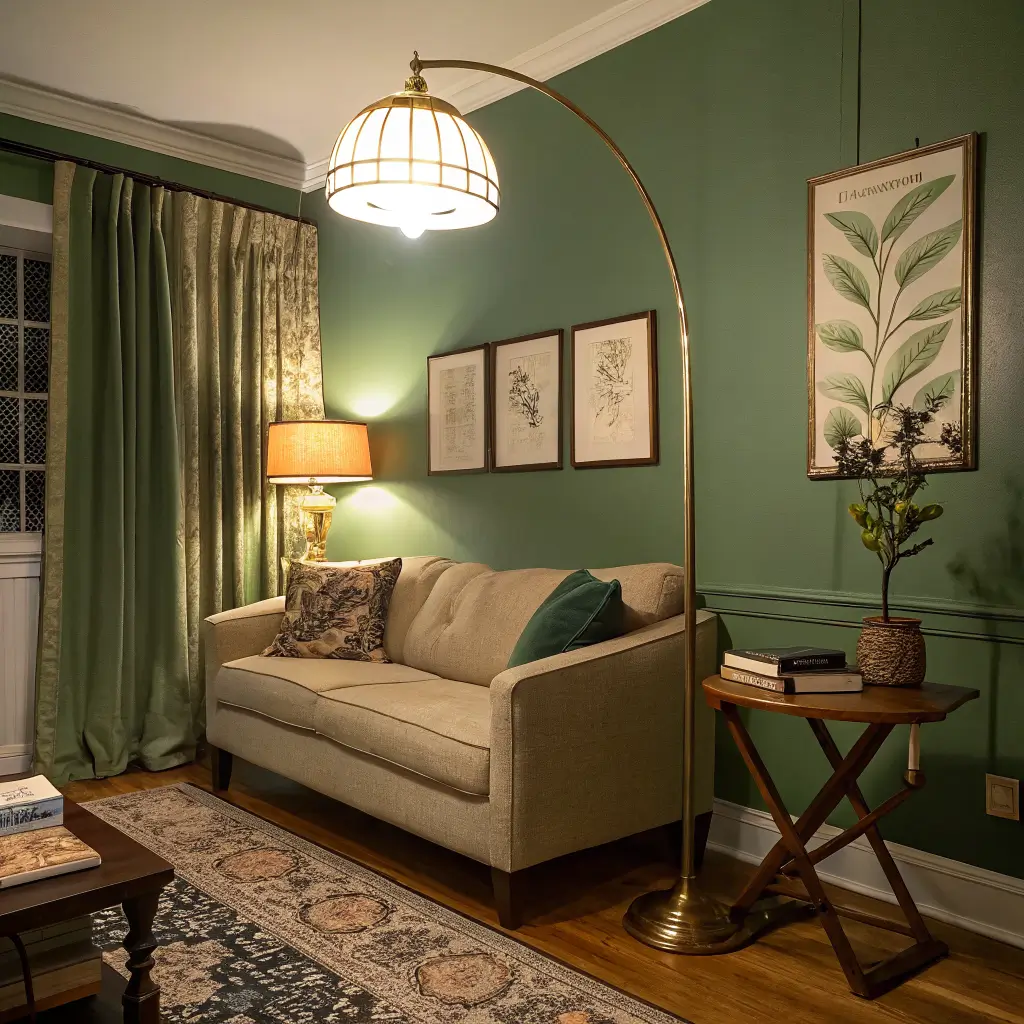 Moody 14x14 living room at night with deep green walls, olive sofa, brass arc floor lamp, small reading lamp on walnut table, and picture light over vintage botanical art, creating three warm light pools.