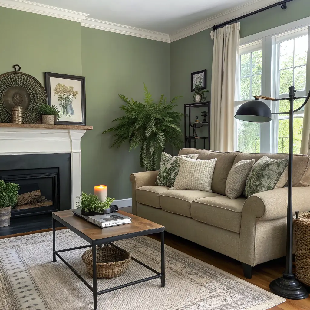 Photorealistic living room corner with sage walls, olive linen loveseat, oak coffee table, jute rug, and matte black lamp, fern frame, and candlestick; snake plant and pothos in soft right window light.