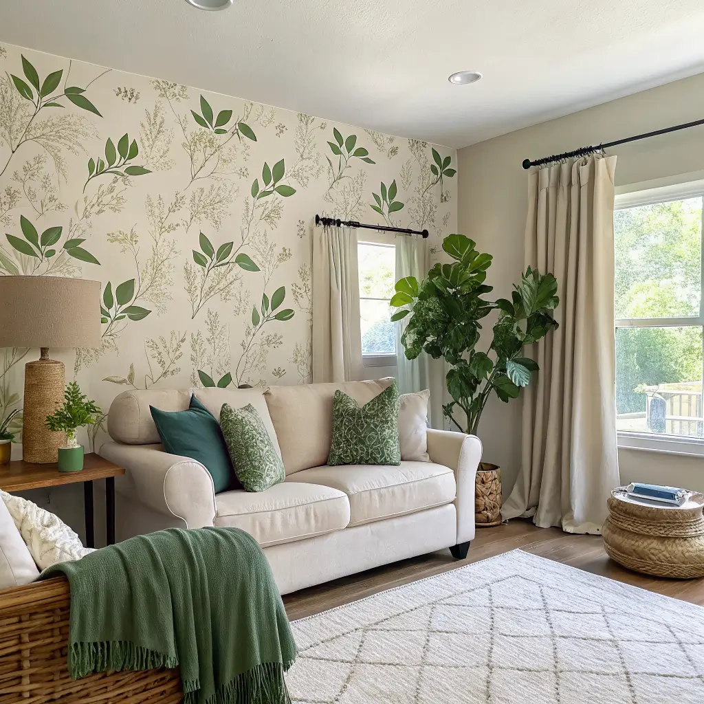 Daylit renter-friendly living room with botanical peel-and-stick accent wall, sage slipcovered sofa and curtains, fiddle-leaf fig, oak coffee table, and jute rug in warm green and cream tones.