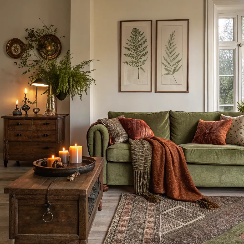 Photorealistic autumn living room vignette with olive linen sofa, rust wool throw, forest velvet cushions, walnut coffee table with brass fern planter, lit beeswax candles, botanical wall art, sage walls, oak floor, and warm late-afternoon lamp glow.