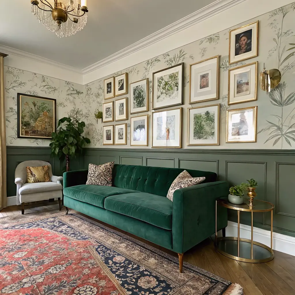 Photorealistic evening living room with emerald velvet sofa on botanical wallpaper, hunter green wainscoting, layered Persian rug over sisal, brass sconces, gallery wall of vintage botanicals, caned armchair with leopard-print stool, and a corner monstera in warm lamplight.