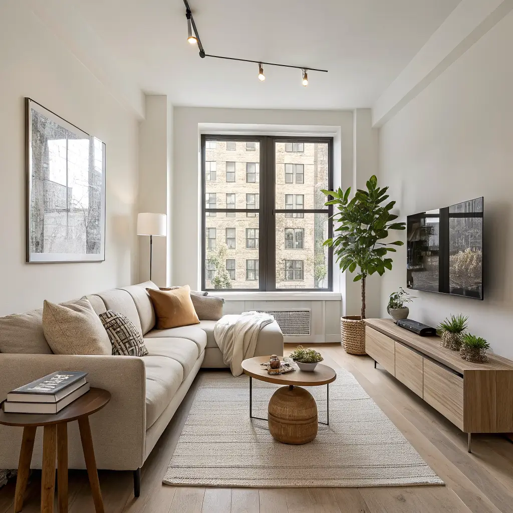 Photorealistic Japandi urban apartment living room with tall casement window, low oak linen sofa, rounded oak coffee table with ceramic bowl and books, jute rug, and olive tree in clay pot in soft mid-morning light.