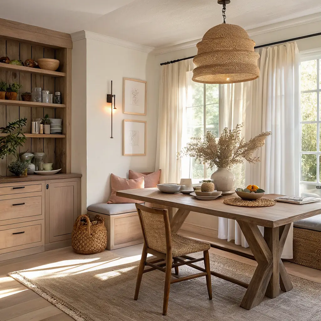 Photorealistic Japandi dining nook with oak table and shelves, terracotta accent, ceramic vases, linen curtains, brass pendant, and golden hour light