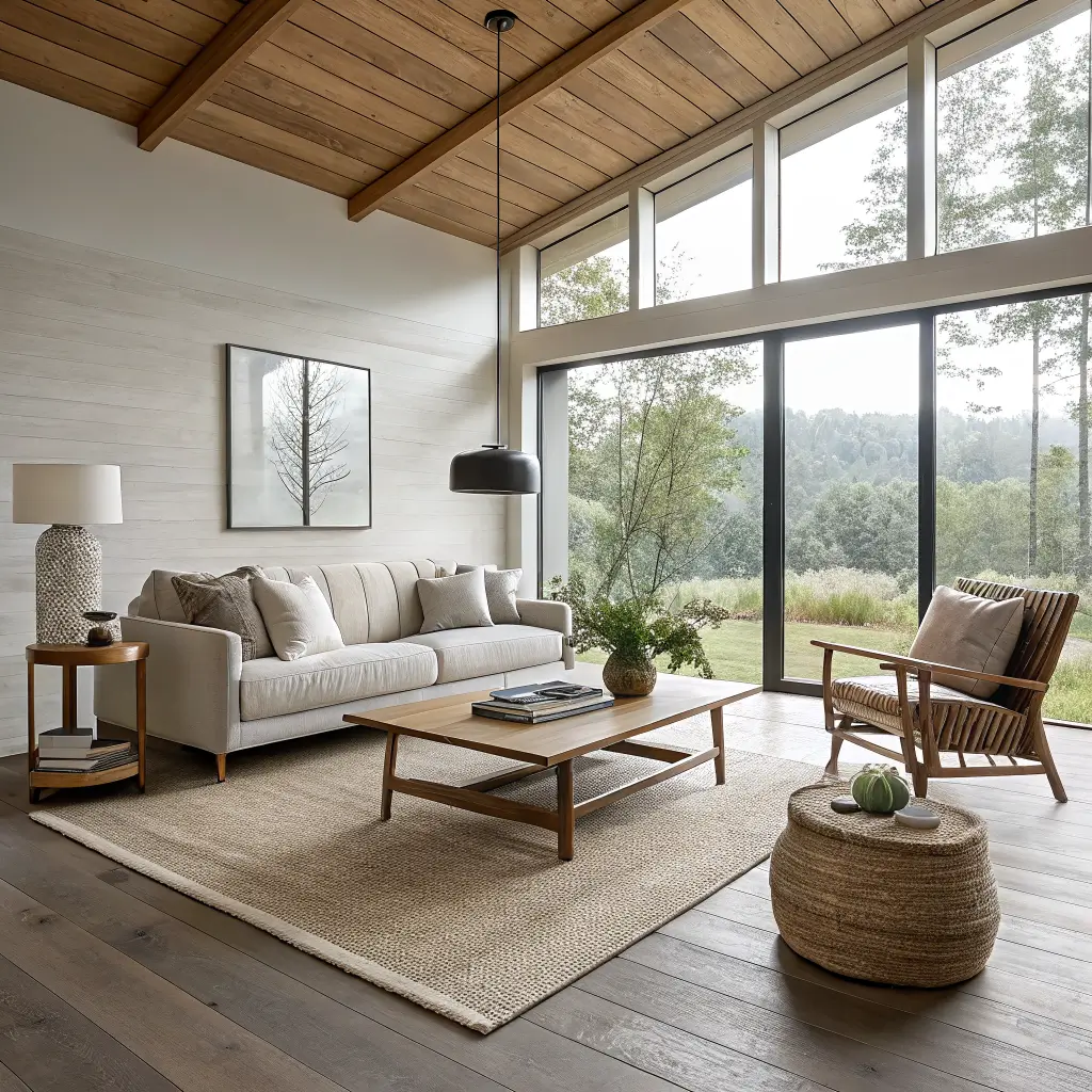 Photorealistic Japandi living room with greige linen sofa, oak coffee table on layered jute and wool rugs, rattan chair, paper lantern lamp, ceramic vase with eucalyptus, and north-facing floor-to-ceiling windows in soft overcast light.