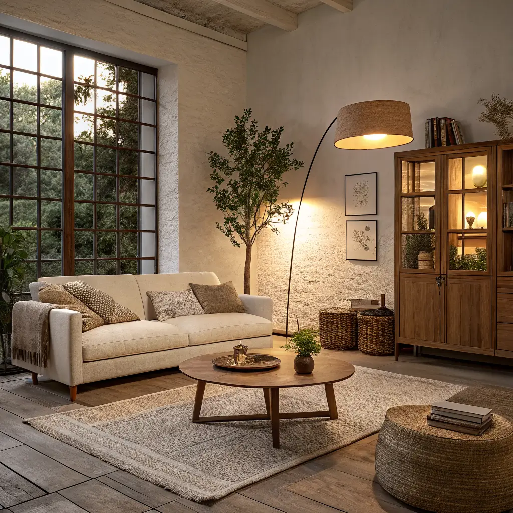 Photorealistic Japandi living room with oatmeal linen low sofa, terracotta ceramic lamp, oval oak coffee table on jute rug, walnut sideboard with vase and books, Swiss Coffee walls, and rice paper pendant in warm evening light.