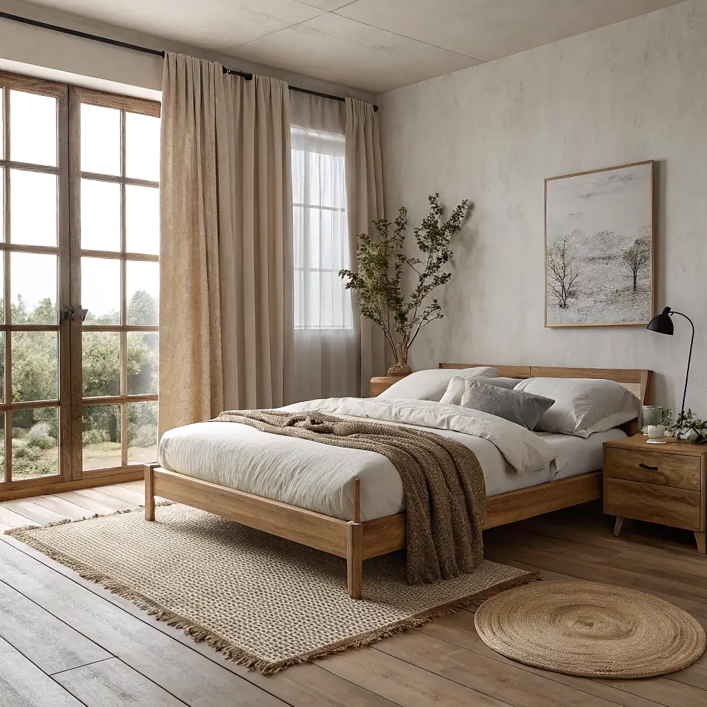Photorealistic Japandi bedroom with low oak platform bed, linen bedding, jute rug, rattan lamp, and dawn light through linen curtains.