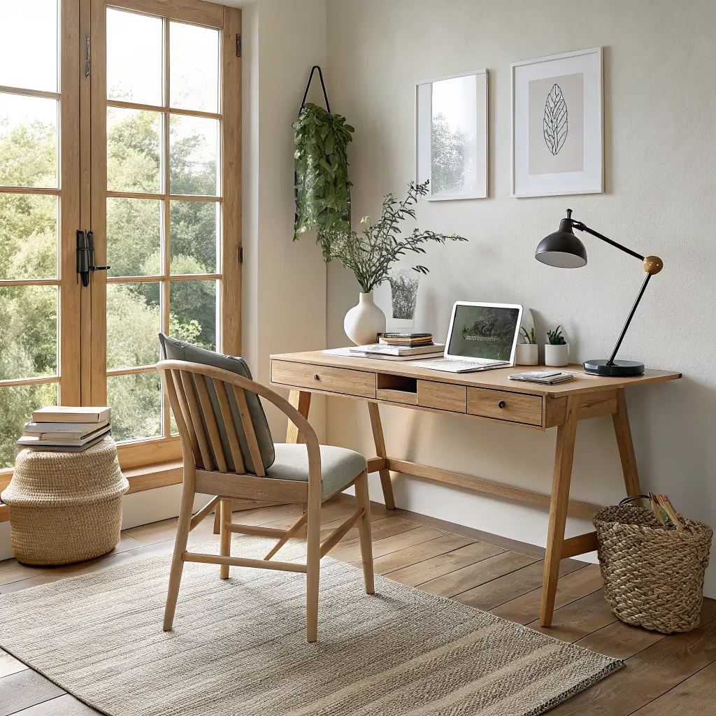 Photorealistic Japandi home office with ash desk, oak chair, olive ceramic lamp, jute rug, rattan screen, and tall window in soft midday light.
