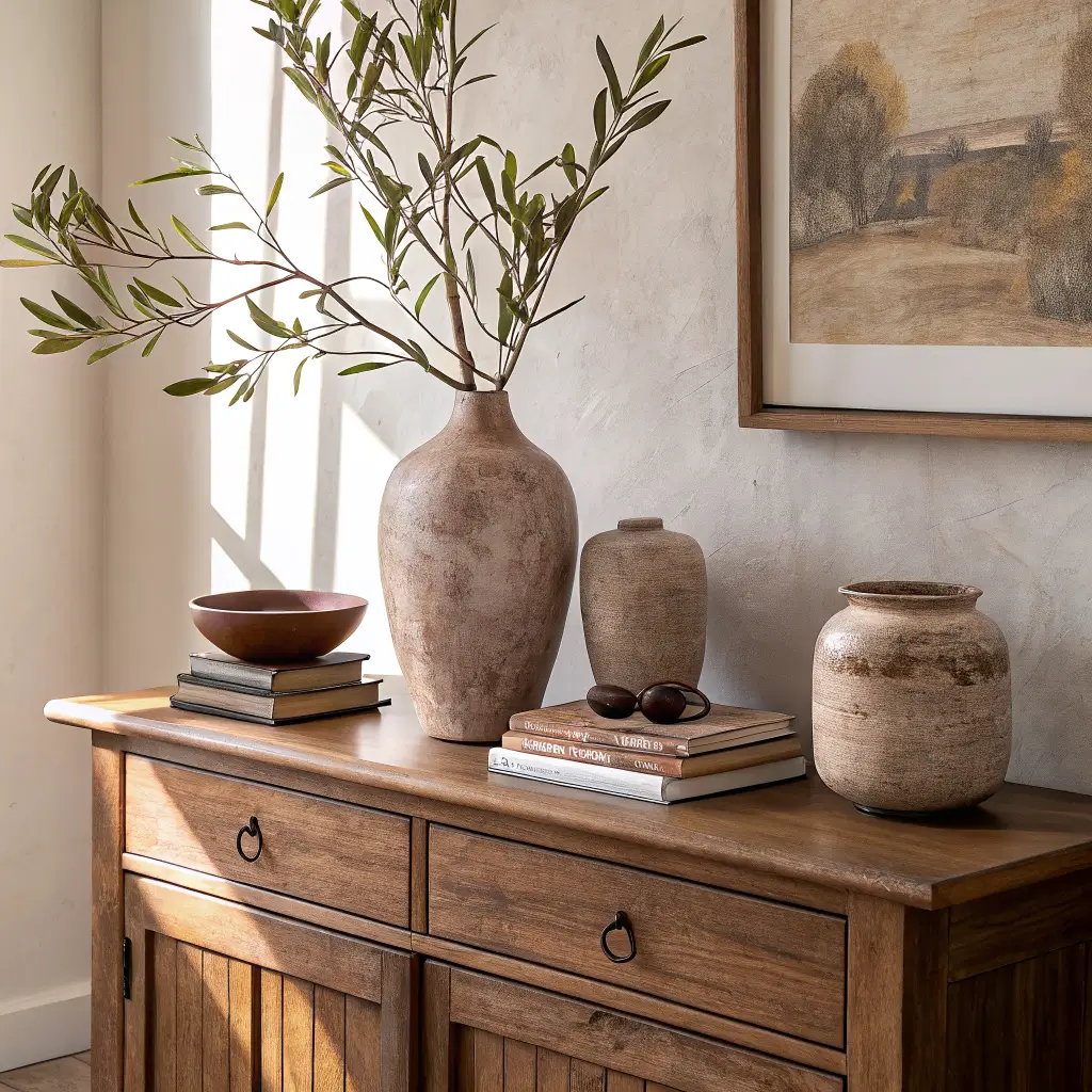 Japandi vignette on a walnut sideboard with a smoky mauve vase holding an olive branch, a warm clay ceramic bowl, and two oatmeal linen books in golden-hour light.