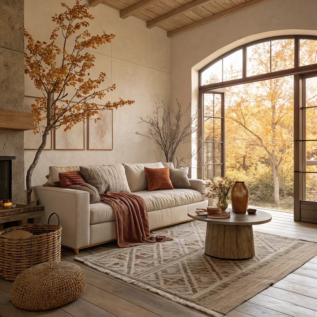 Japandi autumn living room with oatmeal linen sofa, terracotta and mauve cushions, boucle throw, oak coffee table with pampas in stoneware jug, clay floor lamp, olive tree by window, warm amber light.