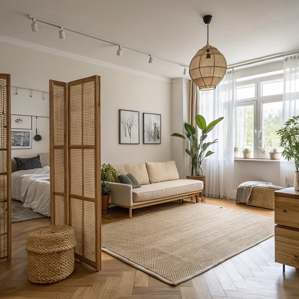 Photorealistic Japandi 350 sq ft studio rental with jute rug, low linen sofa, rattan screen partitioning an oak platform bed, leaning floor mirror, rice paper pendant, and potted olive tree in soft morning light.