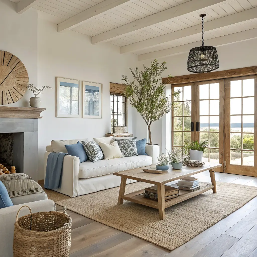 Photorealistic Japandi coastal living room with bleached oak floor and coffee table, low linen sofa, jute rug, off-white walls, oak sideboard with ceramic vase and stoneware bowl, and rice paper pendant in bright late morning light.