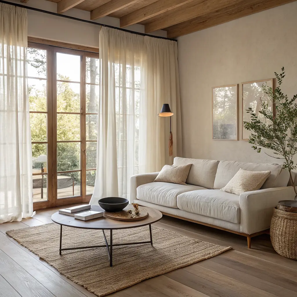 Photorealistic Japandi living room at golden hour with cream linen sofa, round dark wood coffee table, jute rug, sheer curtains, rice pendant, and tall ceramic vase with bare cherry branch.