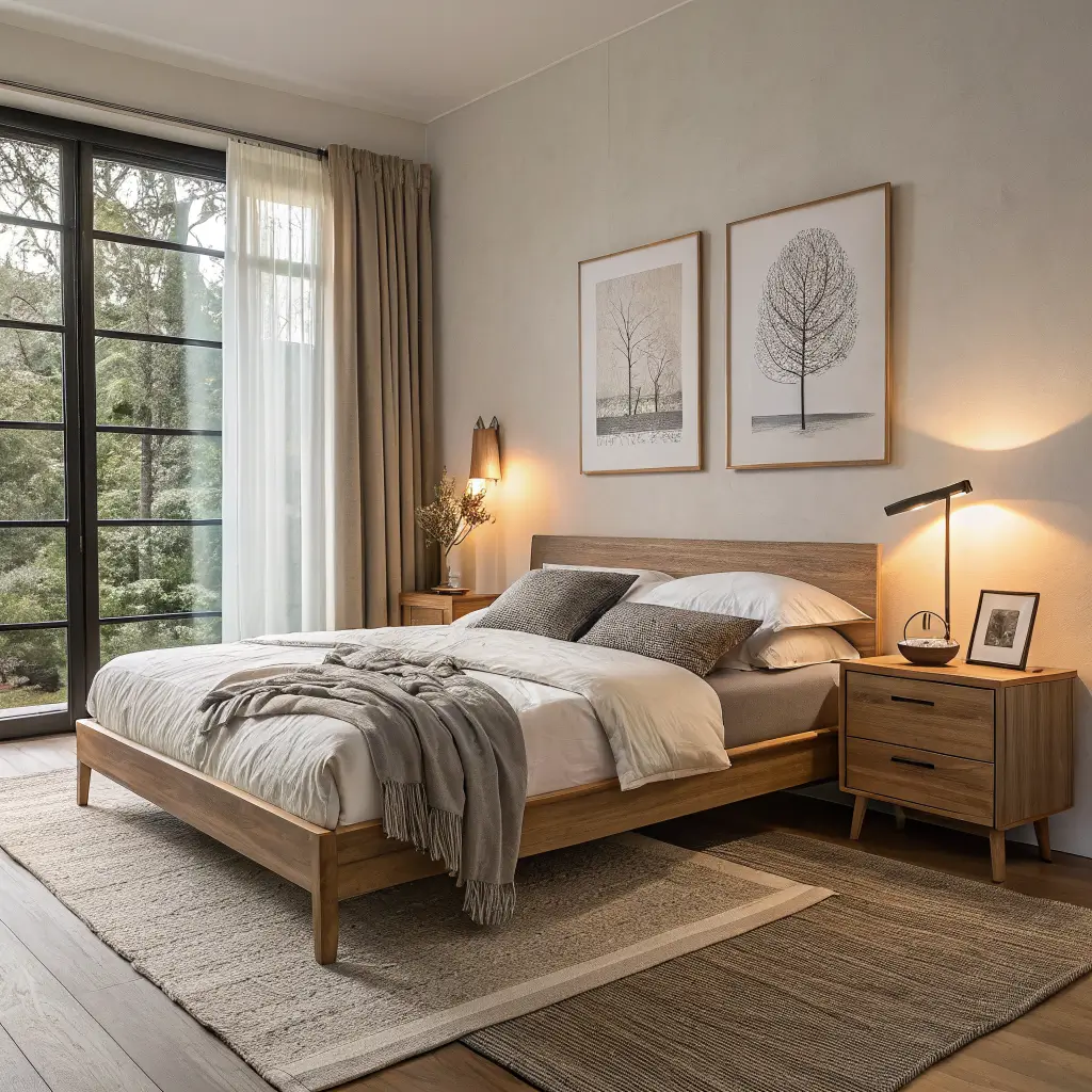 Photorealistic Japandi bedroom at blue hour with a low oak platform bed in ivory and greige linen, warm amber bedside lamp, cream plaster walls, jute rug, sheer curtains, and neutral abstract art above the headboard.
