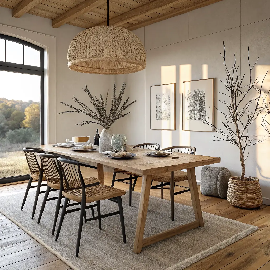 Photorealistic Japandi dining room with ash table for six, ebonized chairs, rice paper pendant, stoneware place settings, olive branches in a low vase, cream walls, oak floor, and jute runner in soft late-morning light.