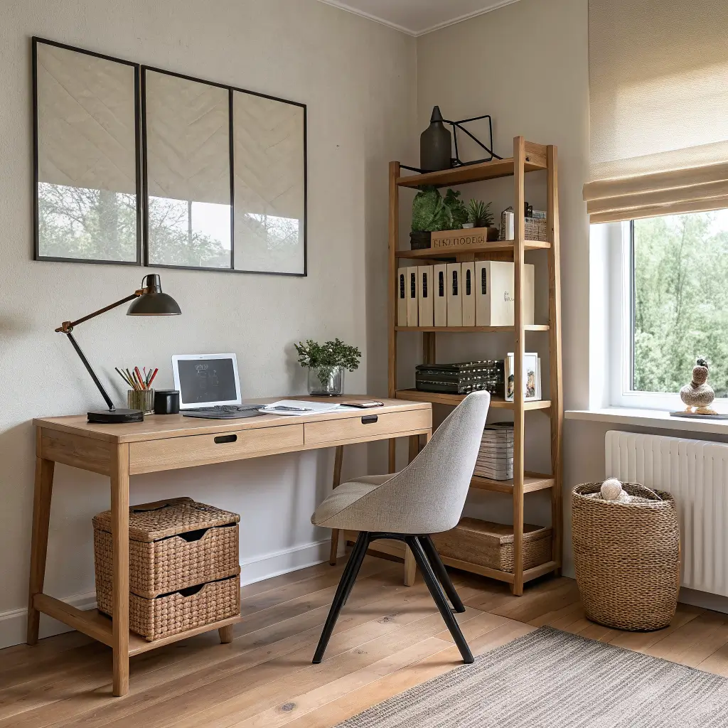 Japandi home office with oak desk, ebonized task lamp, linen storage box, charcoal cup with two pencils, woven chair, slim shelf with linen books and stoneware, and jute rug in soft diffused daylight.
