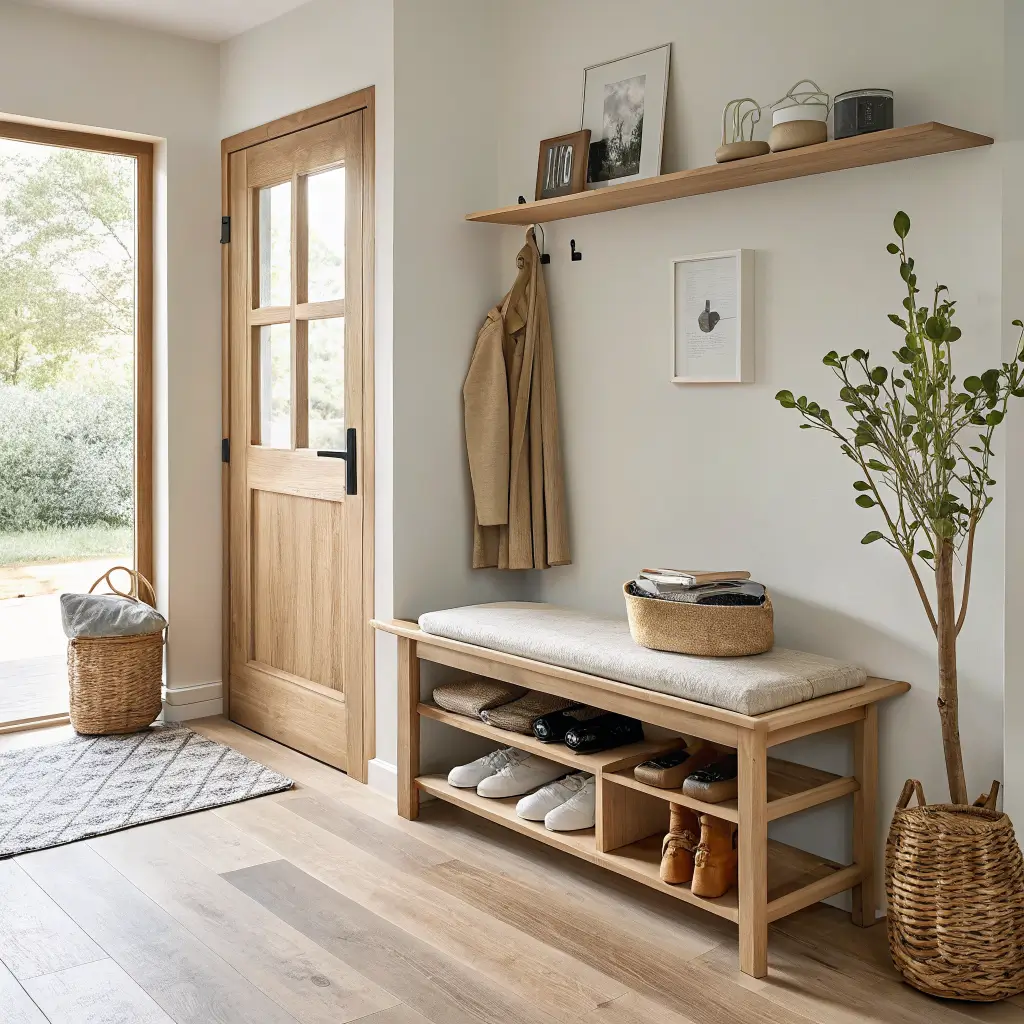 Photorealistic Japandi entryway with pale oak floor, ebonized bench with linen throw and neatly lined shoes, floating shelf with key bowl, sandy vase with magnolia branch, and charcoal hooks holding a linen tote in soft morning light.