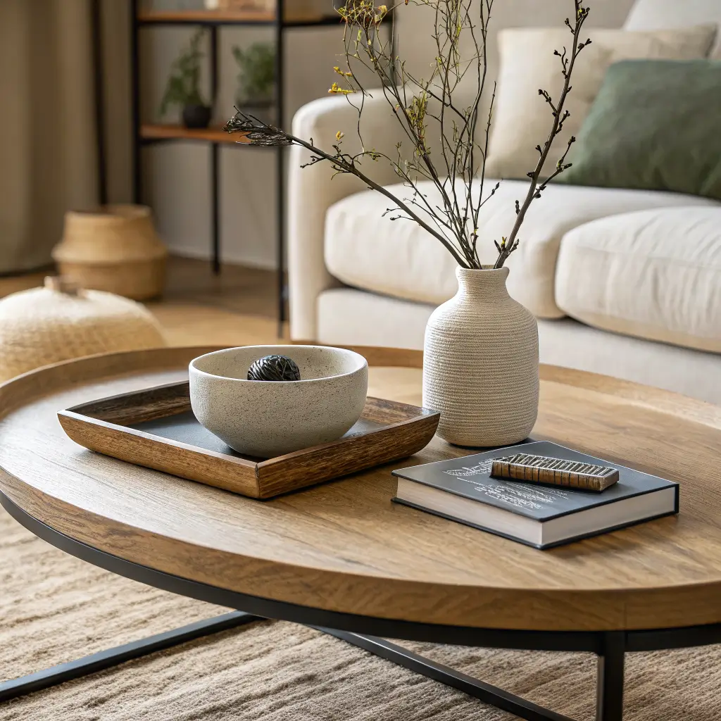 Close-up of a round ash coffee table in warm golden light with an ebonized tray holding a ceramic bowl, small vase with olive sprig, and linen-bound book topped by a river stone, with a blurred cream sofa behind.