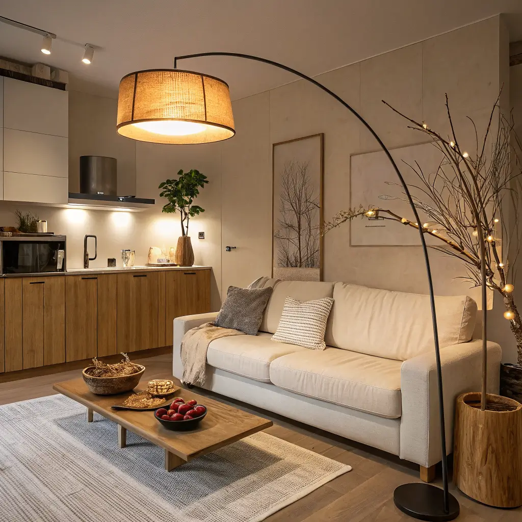 Photorealistic Japandi open-plan living kitchen at night, warm arched floor lamp lighting cream linen sofa, bamboo sideboard with vase and branch, minimal counters, dark oak floors and dim cinematic shadows.