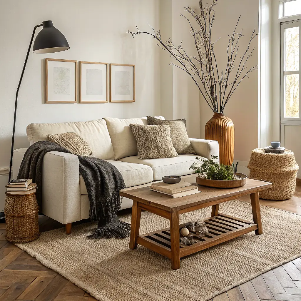 Photorealistic Japandi autumn living room with cream sofa, bouclé and olive cushions, charcoal throw, greige rug over jute, oak coffee table with terracotta vase and books, bare branches, and warm 4pm sunlight.