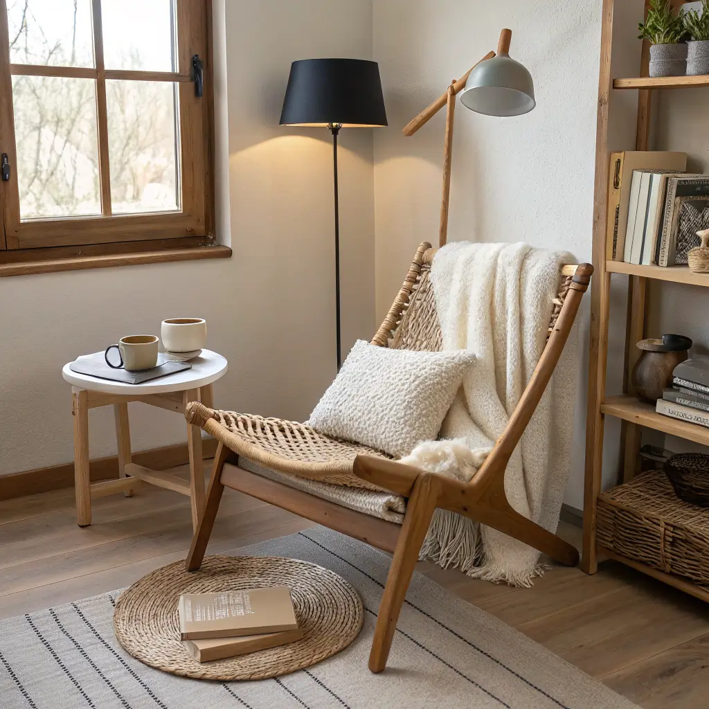 Japandi-style reading nook with woven lounge chair draped in sheepskin, round ash side table with ceramic lamp and teacup, floor cushion, and slim oak shelf against cream plaster walls in soft daylight.