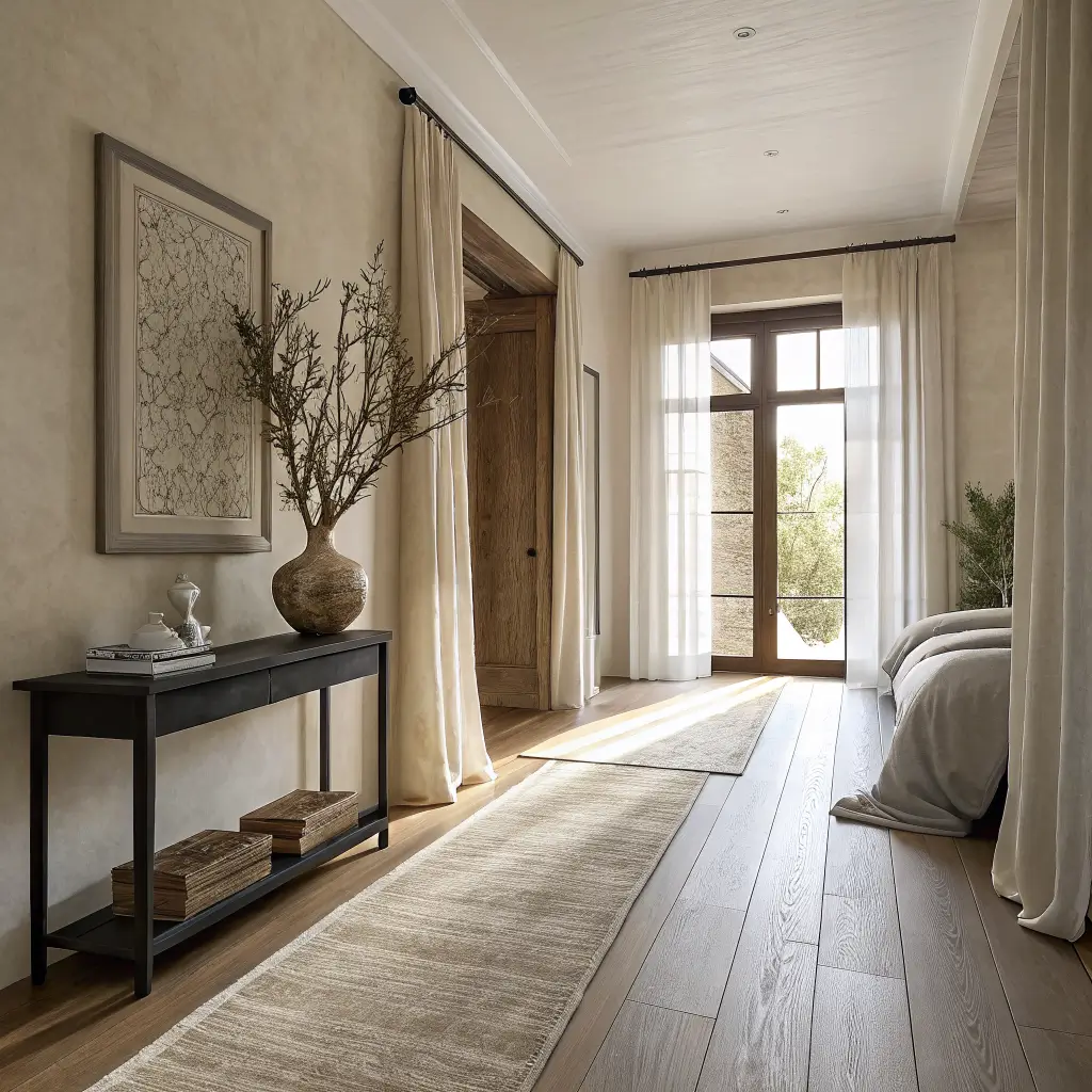 Japandi hallway with cream plaster walls and light oak floors, slim dark console with a vase and olive branches, leading to a softly lit bedroom with an oat linen platform bed.