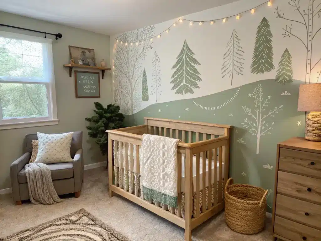 "Baby boy's nursery with woodland accent wall, wood crib, and sage cream textures"