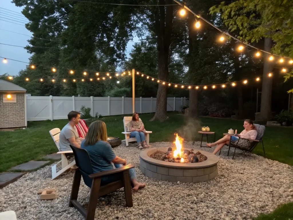 Group of people gathered around a smokeless fire pit in a backyard with string lights and gravel flooring