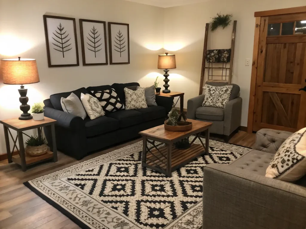"Black and white themed living room with rug, lamps, pillows, and wood accents"