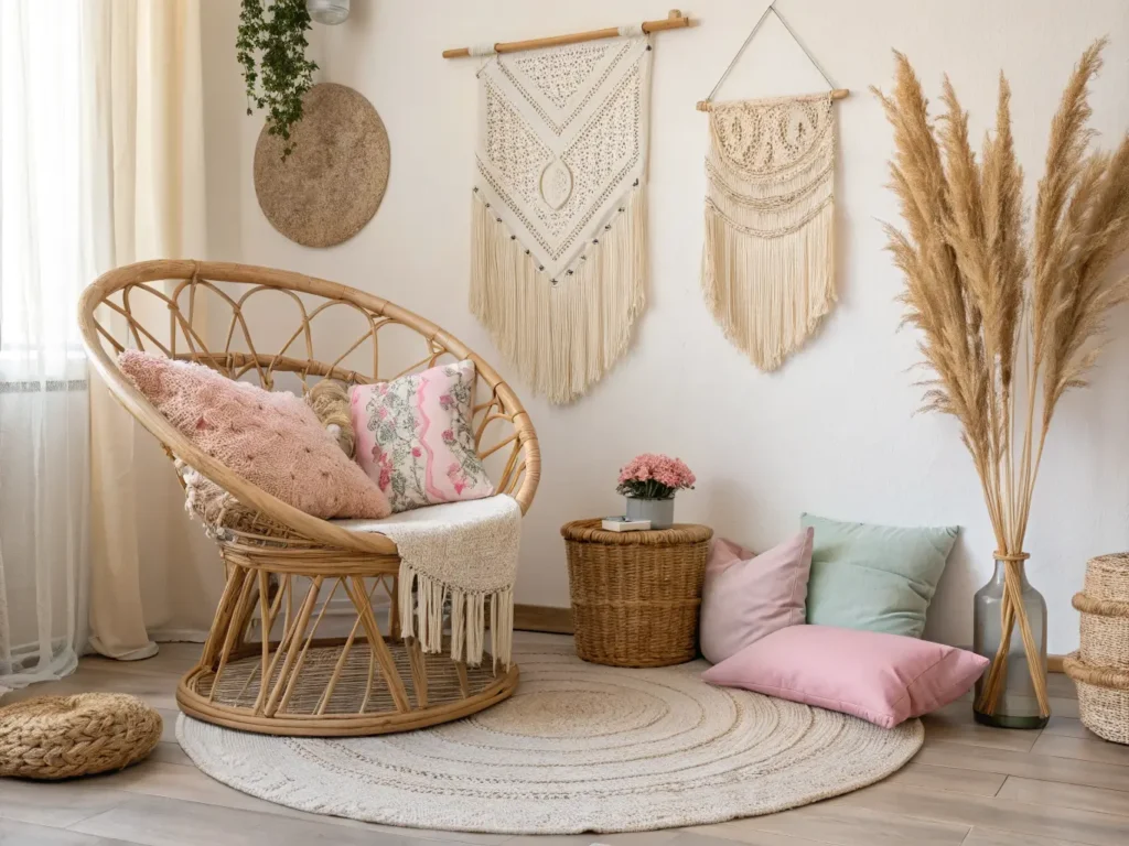 "Spring boho living room with rattan chair, pastel pillows, jute rug, macrame and pampas grass decoration"
