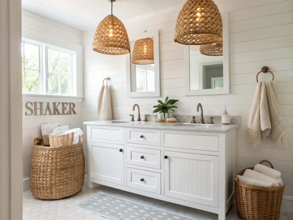 "White shaker vanity in a coastal bathroom with rattan pendant light, woven baskets and linen towels"