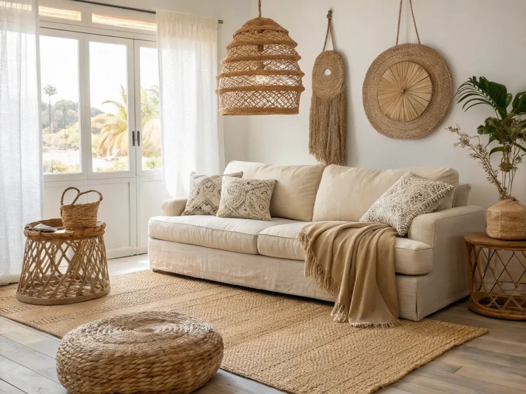 "Coastal boho living room with linen sofa, jute rug, rattan pendant, and woven textures, bathed in warm natural light"