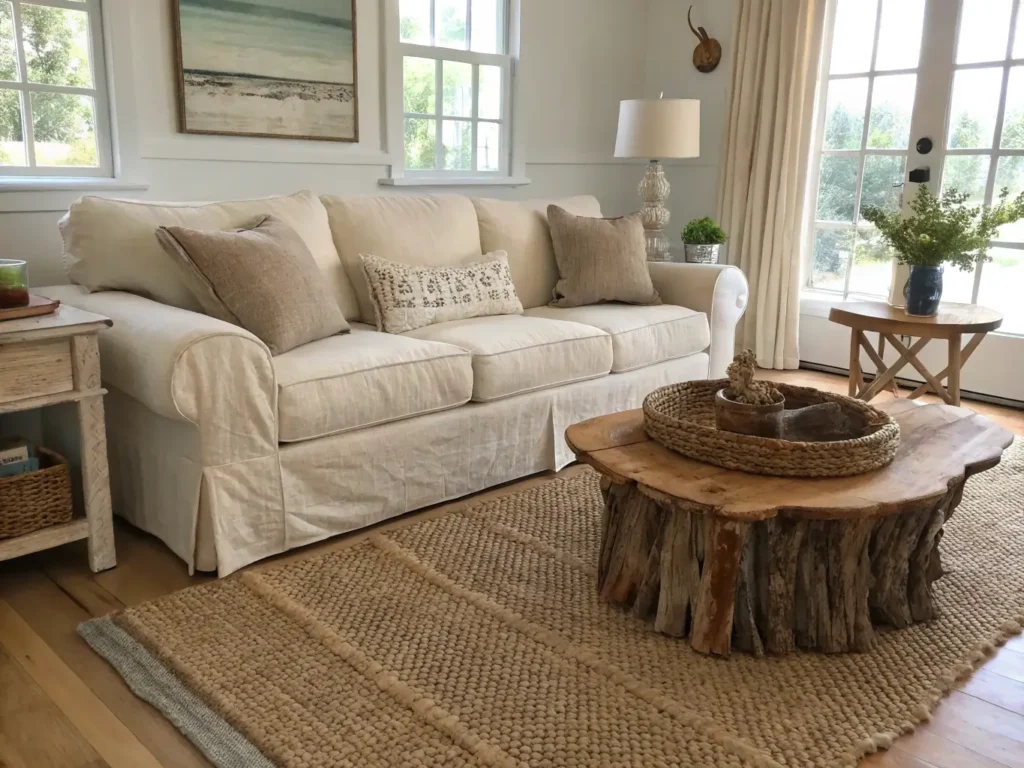 "Coastal farmhouse living room featuring a linen sofa, jute rug, and driftwood table"