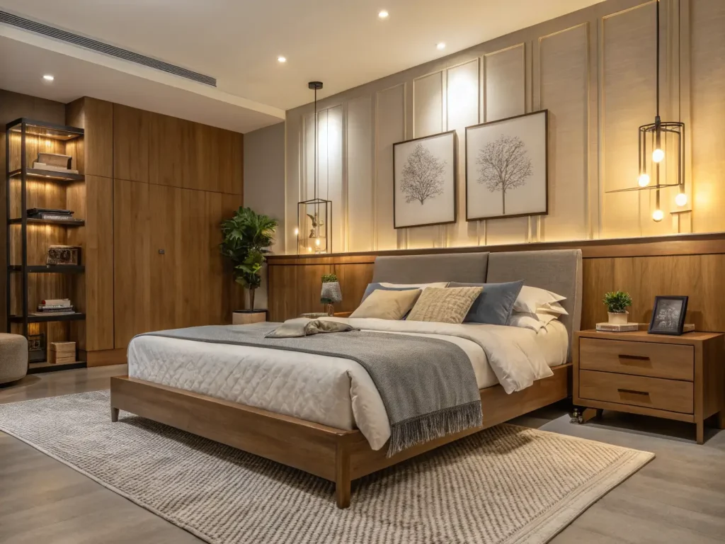 "Low platform bed in a contemporary bedroom design with warm neutrals and layered lighting"