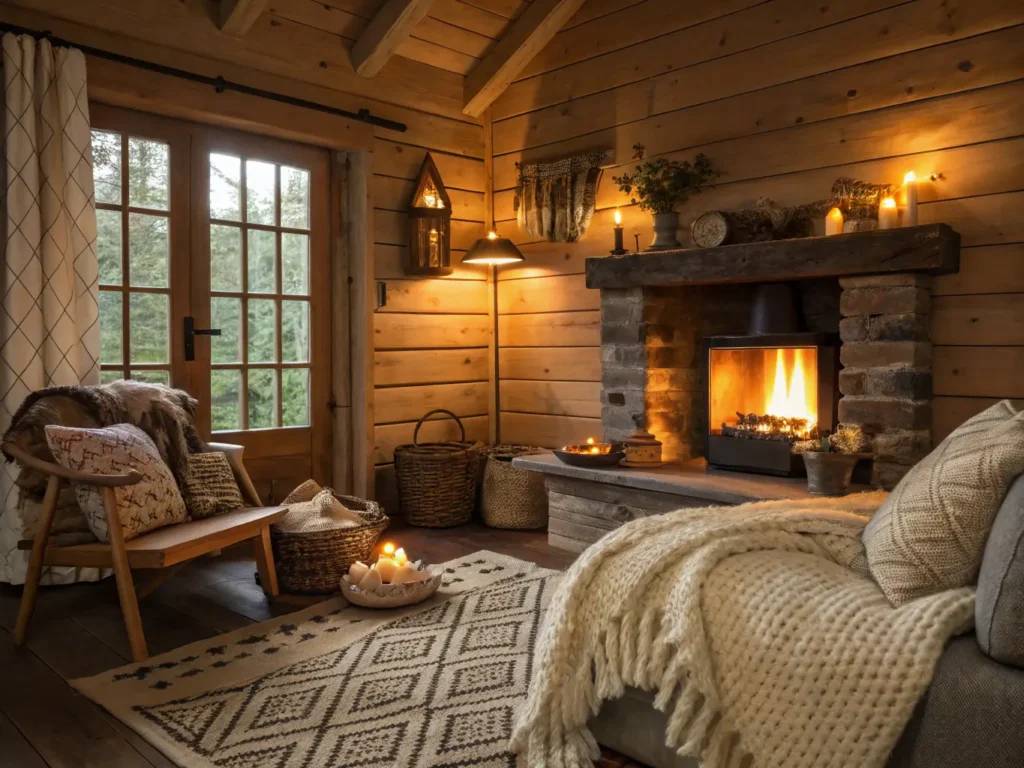 "Cozy small cabin interior with warm light highlighting oak wood and wool textiles"