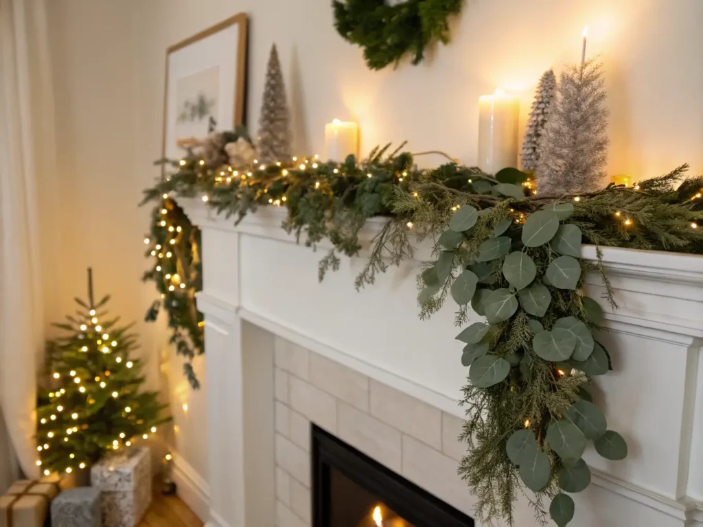 "Cozy Christmas mantel decorated with eucalyptus garland and warm fairy lights on a clean background"