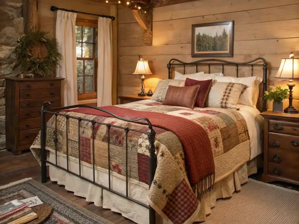 "Cozy country bedroom with patchwork quilt on iron bed and warm linen layers"