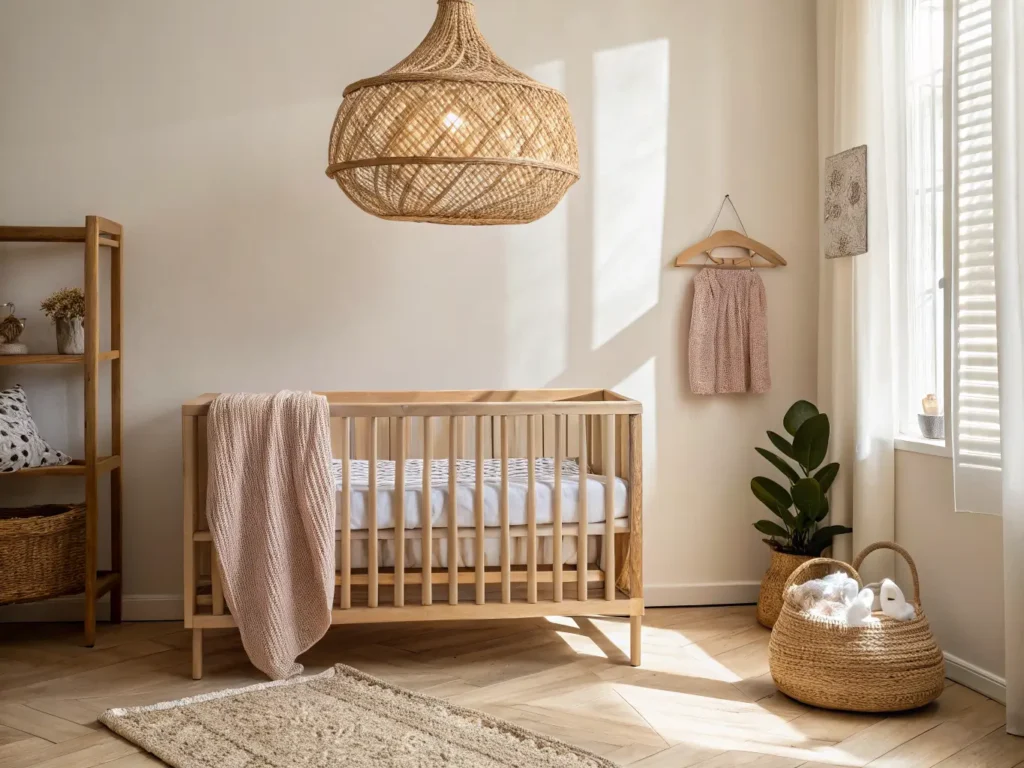 "Cozy neutral nursery with a wooden crib, rattan pendant light, and soft rug"