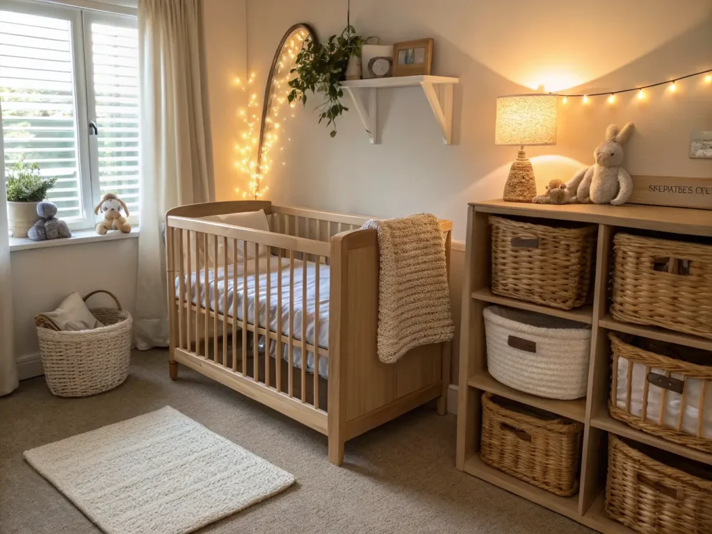 "Cozy Scandinavian style nursery room with oak crib, cream glider, wicker baskets, and warm lighting"