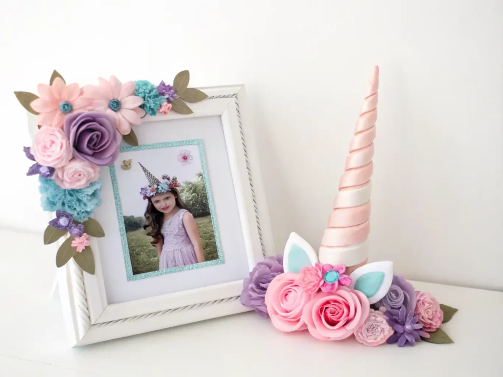"DIY unicorn picture frame with a gold horn and pastel flowers, containing a photo, displayed on a clean background"