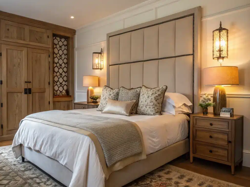 "Feng Shui bedroom design featuring a plush upholstered headboard, soft linen bedding and warm ambient lighting against a clean background"