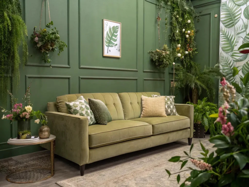 "Green living room featuring an olive sofa, sage walls, and various botanical accents"