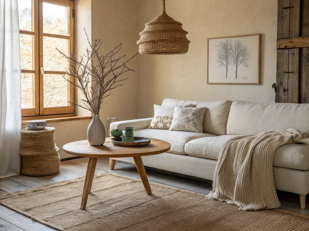 "Cozy Japandi style living room with a cream linen sofa, oak coffee table adorned with a ceramic vase, chunky wool throw, warm ambient light and minimalist interior decor"