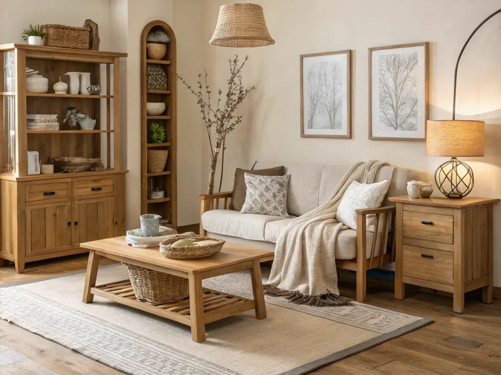 "Japandi style living room with oak furniture, linen textiles, ceramic decor, and a warm neutral color palette"