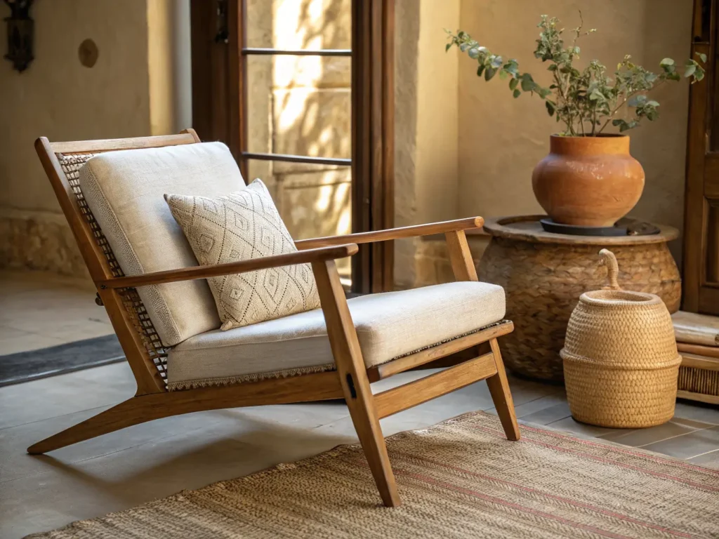 "Japandi style lounge chair with oak frame, linen upholstery and rattan texture, accompanied by a clay vase under warm light."