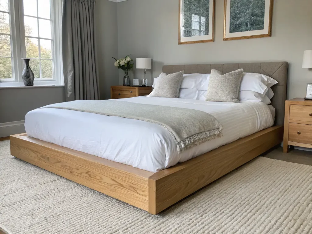 "Minimalist elegant bedroom with low oak platform bed and neutral linen palette"