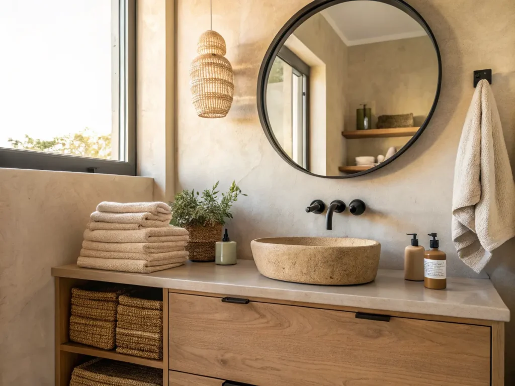 "Minimalist bathroom with oak vanity, frameless mirror, neatly stacked towels, ceramic soap dispenser, pothos plant, and soft 2700K light."