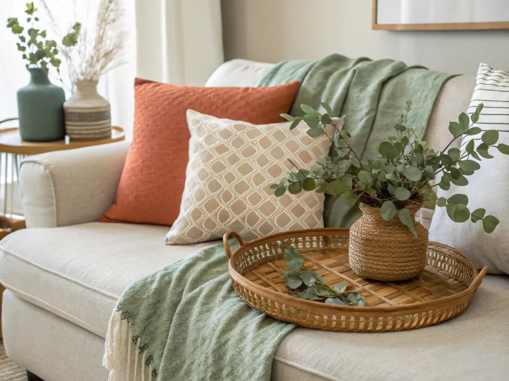Modern spring living room with linen pillows, a rattan tray, eucalyptus stems, and a sage and terracotta color palette.