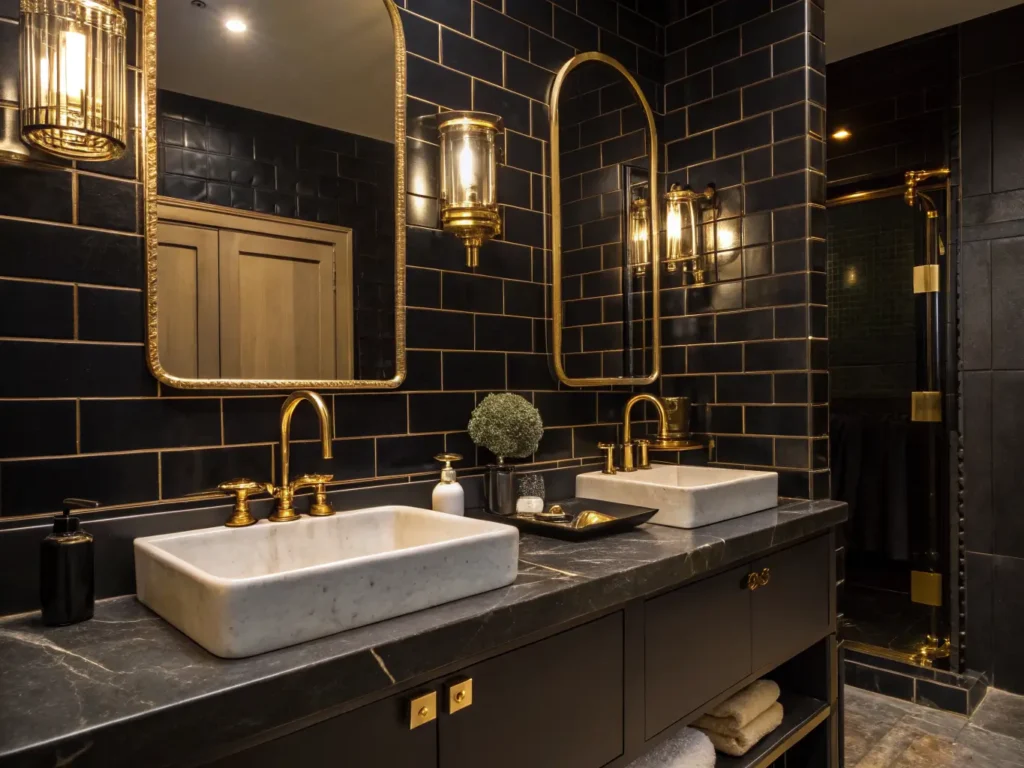 "Moody black bathroom with matte fixtures, brass accents, and warm glow"