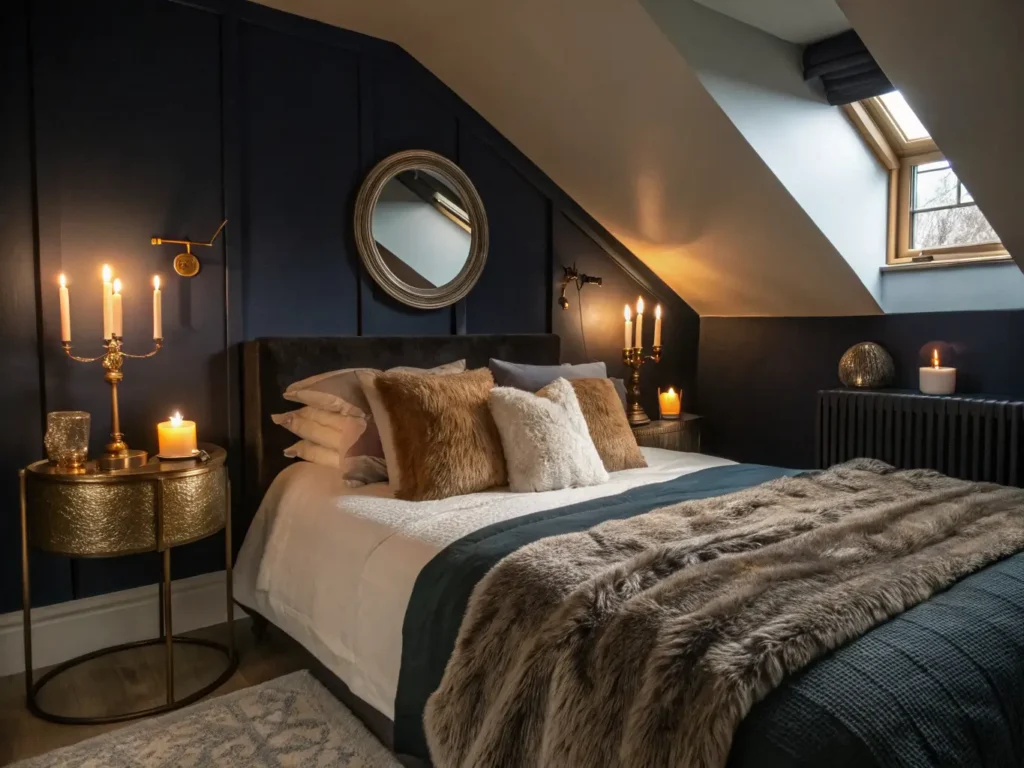 "Moody dark-academia bedroom with sloped ceiling, warm lamp glow, velvet bed textures, flickering candles on a nightstand and large brass mirror reflecting soft light."