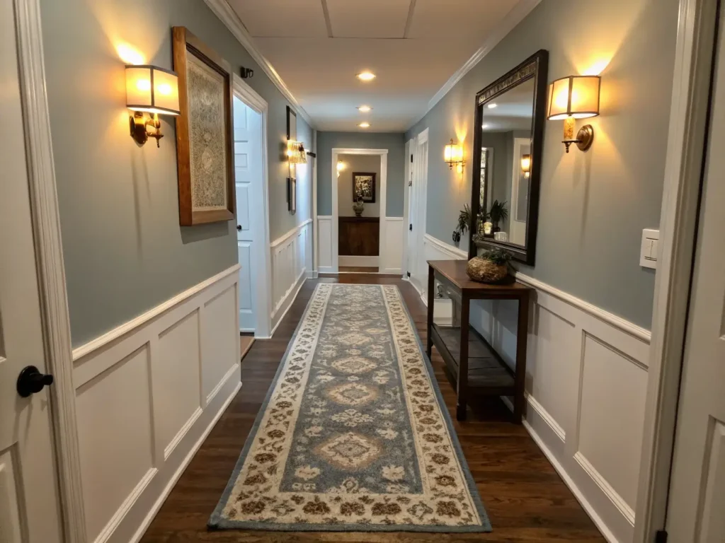 "Narrow entryway makeover featuring a runner rug, mirror, and warm lighting"